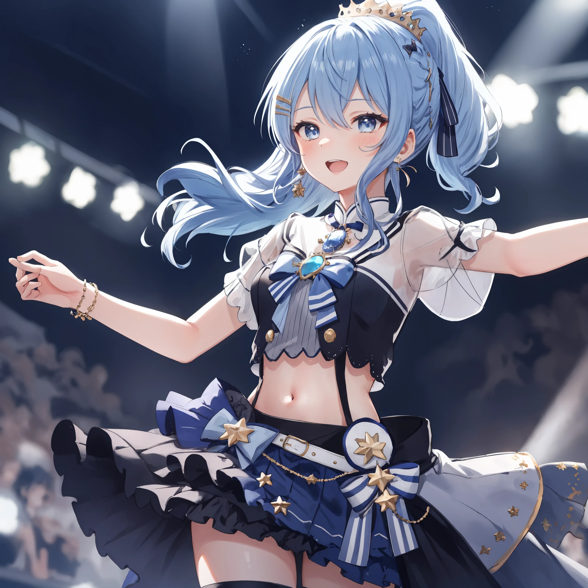 masterpiece, best quality, absurdres, 1girl, solo, Hoshimachi Suisei, light blue hair, blue eyes, happy, smile, parted lips, cowboy shot, sidelocks, ponytail, toned,
idol, idol clothes, hololive idol uniform, bowtie, blue skirt, brooch, dress, concert, on stage, frilled skirt, jewelry, layered dress, short sleeves, tiara, midriff, thighhighs(,shout:1.5),.(open_mouth:1.3),singing,(angry:0.6), (glare:0.6), idle_live,audience_landscape,light up_girl,solo,shiny_effects,smile。joy,happy,