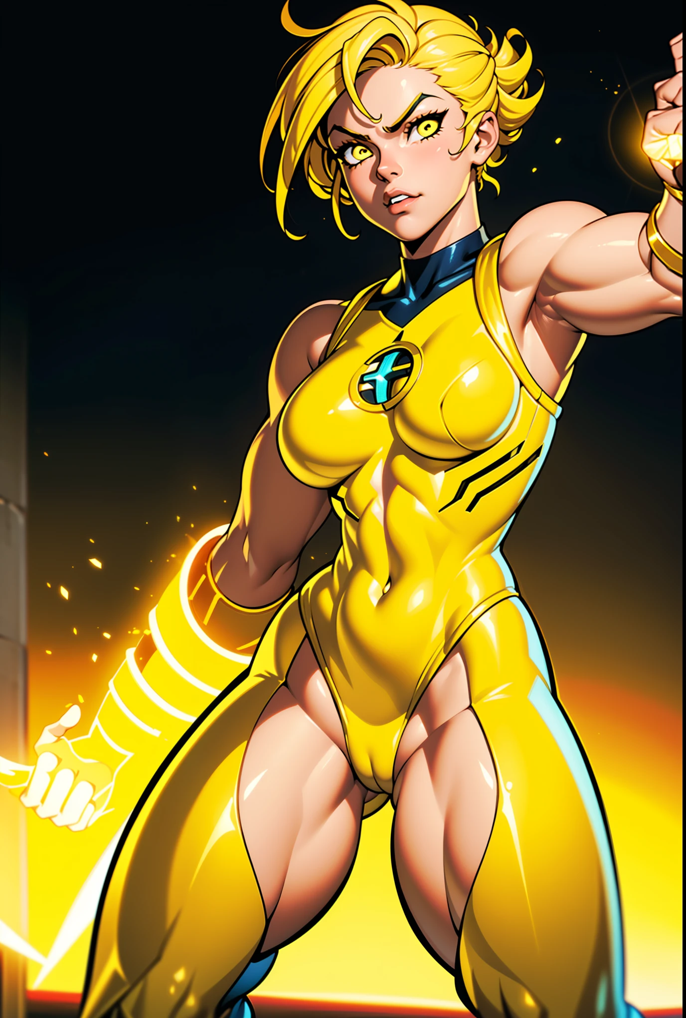 Digital painting of a woman with gold and yellow hair, Superhero, Muscle Girl, Pause, Raise your fist, From above, 1 knee up, Behance Contest Winner, Afrofuturism, Synthwave, neon, glowing neon, Huge saggy breasts,