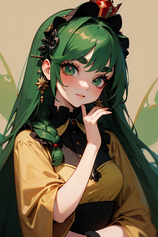 (Highest quality, masterpiece:1.2), High resolution, Very detailed, Realistic:1.37, Fantasy, An illustration, Green Eyes、Queen, Red and green swimsuit、Platinum decoration、beautifully、Eyeshadow Red、Thick eyebrows、Long eyelashes、pupils are black、Her hair is dark green、Gold crown、Kissing Face、Embarrassing、Beloved by the crowd、Hair is green、Braiding、hair ornaments、Laugh gently、From the waist up、((Gothic Lolita)).