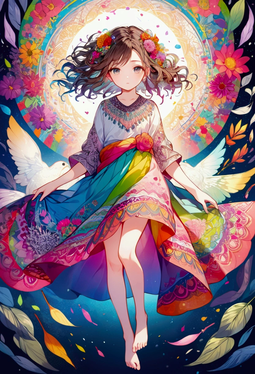 Official Art, whole body, Super detailed, beautiful and aesthetic, beautiful, masterpiece, Highest quality, (zenTangle, Mandala, Tangle, enTangle), (Flower Ecstasy:1.2) Dynamic Angle, Girl, the most beautiful form of chaos, elegant, , Vibrant colors, Romanticism, Atmospheric Vibrant colors, Romanticism, Atmospheric,Girl, whole body,feet