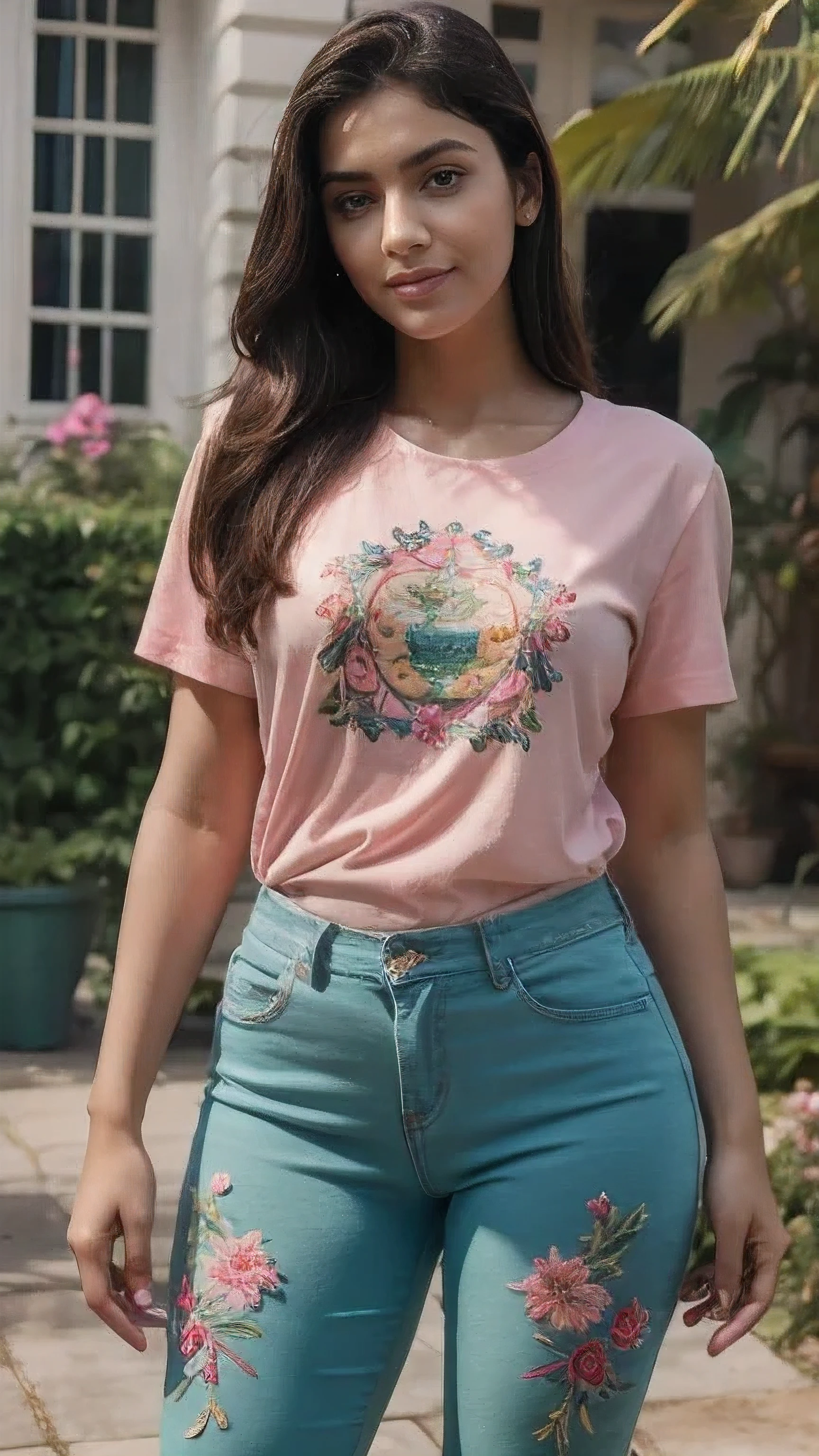 21 yo women Ananya Pandey wearing  embroidery printed Pink t shirt green jeggings body fit clothes garden full body hand fix with hair pose sweet smile  perfect anatomy realistic realism ultra detailed eye ultra detailed face 8k, more realistic