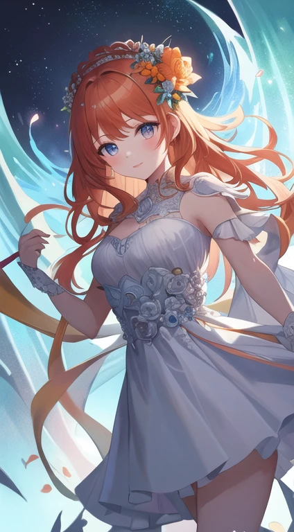 (masterpiece:1.4), (Highest quality:1.4), Fantasy, extremely detailed, Complex, hyper detailed, figure,Soft lighting, One girl, Orange Hair_flower, dress, bend_that&#39;s all , Grin, (perfection_face), Sitting, machine, Brilliant, Complex, Dramatic lighting, 4K, detailed_background, Slender body, Digital_figure, from_~ side