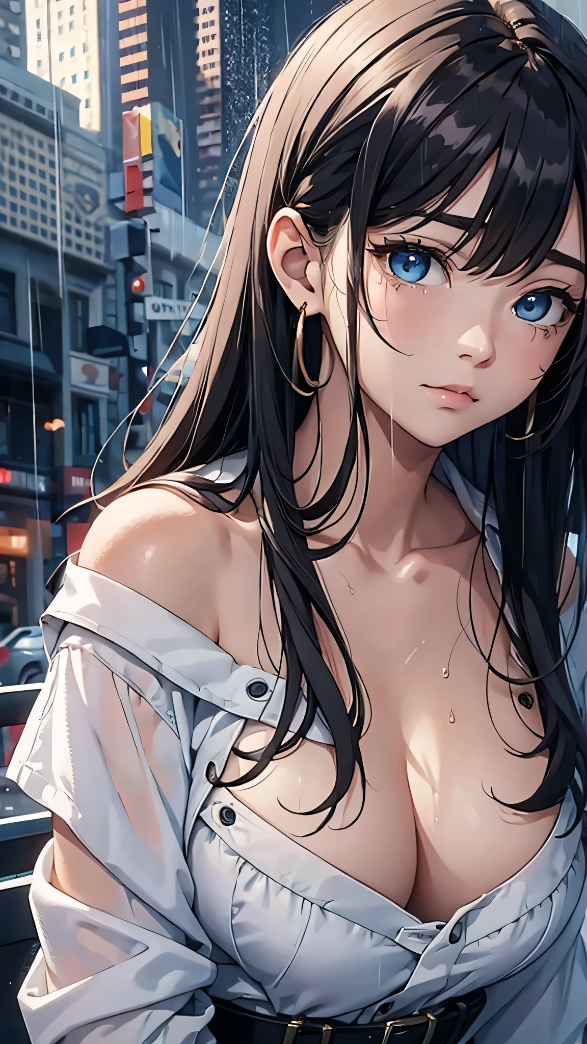 最high quality、Best image quality、masterpiece、With a girl((cute、16 years old、Best Bust、Medium Bust、Beautiful Blue Eyes、Spread your chest wide,Black Hair、Disheveled Hair、thin、Highest Valley、white open Y shirt,Black trousers、Teary whole body is wet、cry))high quality、Beautiful art、background((night、heavy rain、City、In-house)),Tabletop、Exquisite design、Visual Arts、Written boundary depth、Best lighting、Highest detail、8k