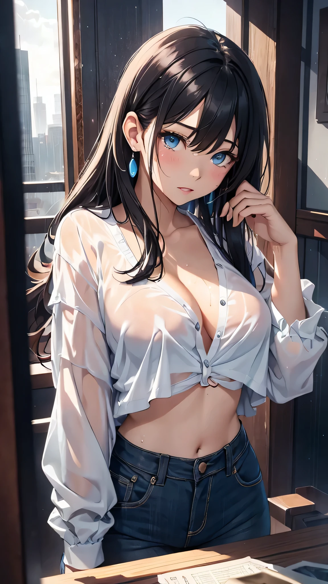 最high quality、Best image quality、masterpiece、With a girl((cute、、Best Bust、Medium Bust、Beautiful Blue Eyes、Spread your chest wide,Black Hair、Disheveled Hair、thin、Highest Valley、white open Y shirt,Black trousers、Teary whole body is wet、cry)）high quality、Beautiful art、background((night、heavy rain、City、In-house)),Tabletop、Exquisite design、Visual Arts、Written boundary depth、Best lighting、Highest detail、8ｋ