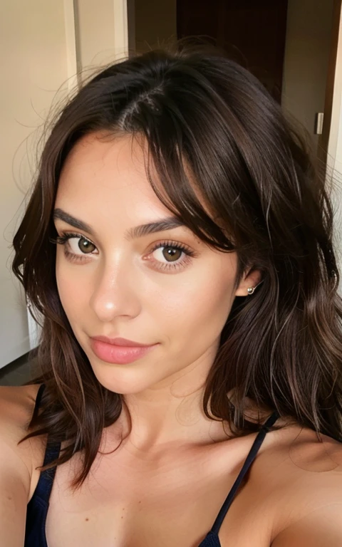 1 woman, long and wavy dark brown hair, dark brown eyes, taking a photo of yourself with your phone