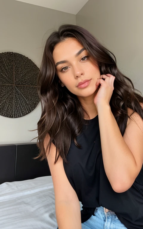 1 woman, long and wavy dark brown hair, dark brown eyes, taking a photo of yourself with your phone