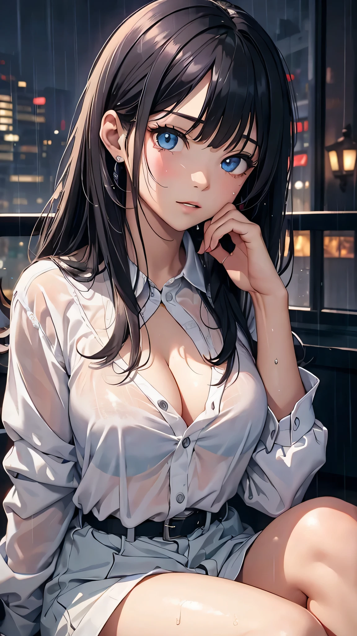 最high quality、Best image quality、masterpiece、With a girl((cute、、Best Bust、Medium Bust、Beautiful Blue Eyes、Spread your chest wide,Black Hair、Disheveled Hair、thin、Highest Valley、white open Y shirt,Black trousers、Teary whole body is wet、cry))high quality、Beautiful art、background((night、heavy rain、City、In-house)),Tabletop、Exquisite design、Visual Arts、Written boundary depth、Best lighting、Highest detail、8k