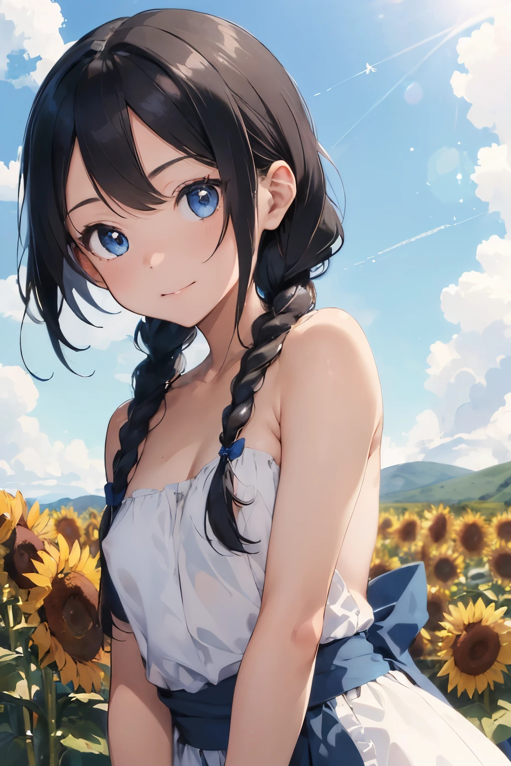 ((Highest quality)), ((masterpiece)), (detailed), (Japanese),, Black Hair,(Childish face), (twin braids), Girl ,Medium Breasts, ((Naked)),(topless), ((Blue eyes)),half-smile , Sunlight, from_behind, ((arched back)), (extreme_close_up) ,upper body ,Sunflower field ,Frill apron,