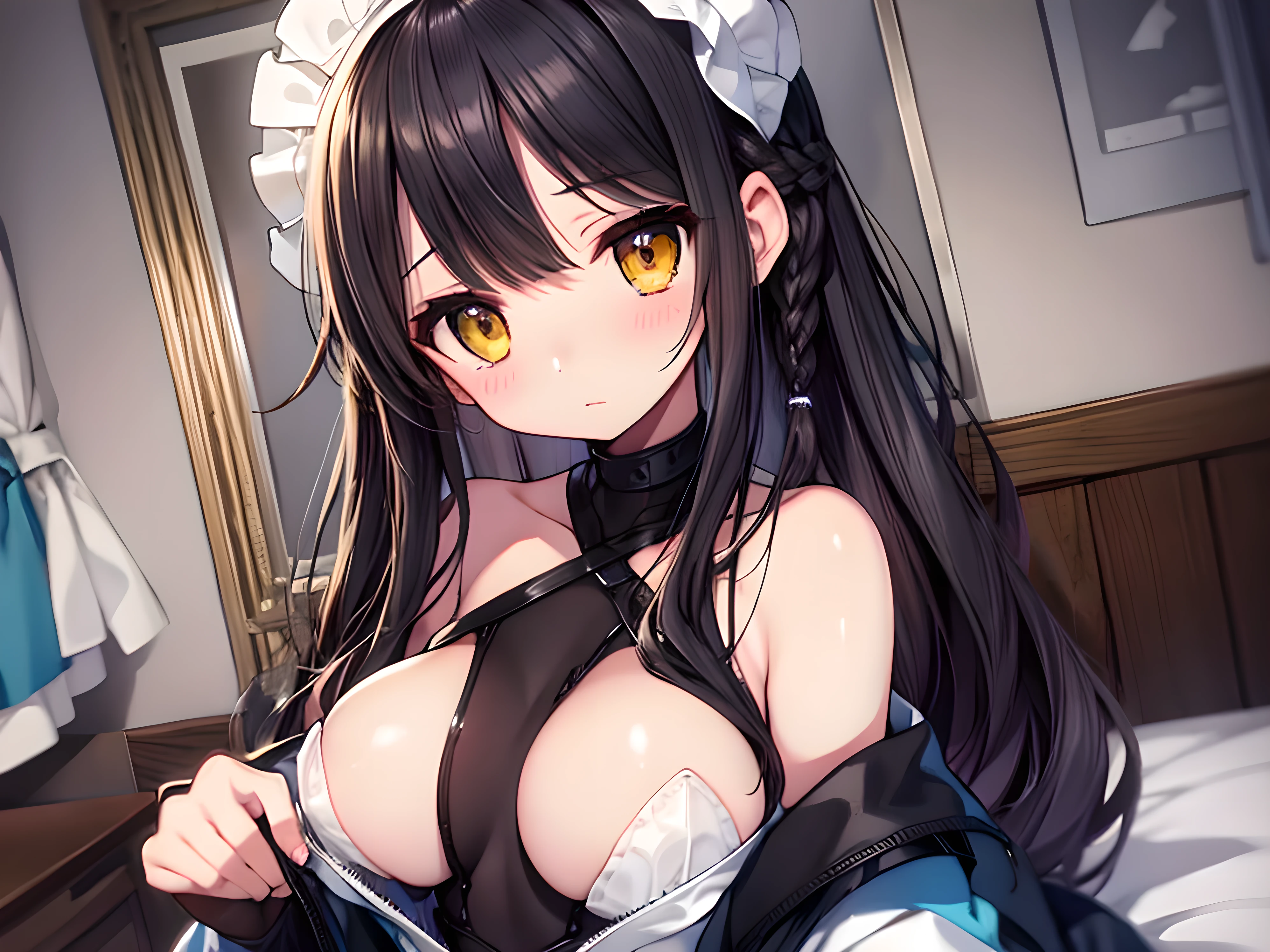 masterpiece,beautiful eyes,textile shading, custics,extremely detailed CG, shiny skin,photography,RAW photo,
,(:1.2),black hair,braid hair, low twintails,long hair,yellow eyes, (large breasts:1.2),solo,long hair
hospital,blue hospital gown, bed,(open clothes:1.2), shy,blush.(pov hands:1.2),