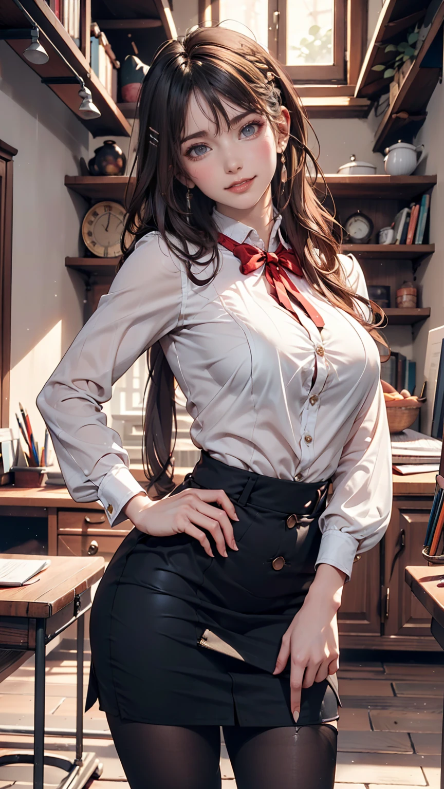 Highest quality,masterpiece, 1 girl, alone, Model shoot, wonderful, Arena, (((Portrait))),View Users, smile, blush, hairpin,(( Braiding)), hair ornaments, ((Hair Clip)), 、Frilled blouse、The buttons are about to burst from the swelling of my breasts、Pencil Skirt、Stiletto heels、Place hands on hips、Wiggle your hips