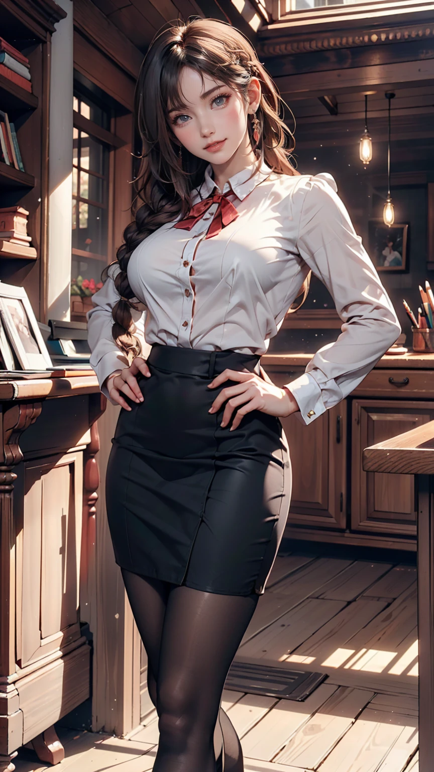 Highest quality,masterpiece, 1 girl, alone, Model shoot, wonderful, Arena, (((Portrait))),View Users, smile, blush, hairpin,(( Braiding)), hair ornaments, ((Hair Clip)), 、Frilled blouse、The buttons are about to burst from the swelling of my breasts、Pencil Skirt、Stiletto heels、Place hands on hips、Wiggle your hips