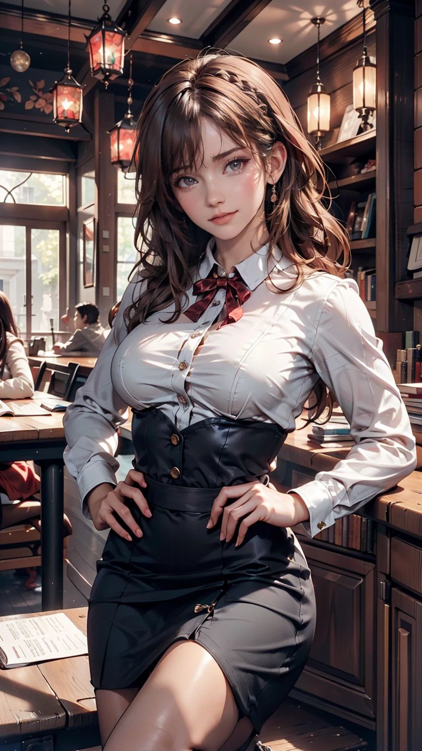 Highest quality,masterpiece, 1 girl, alone, Model shoot, wonderful, Arena, (((Portrait))),View Users, smile, blush, hairpin,(( Braiding)), hair ornaments, ((Hair Clip)), 、Frilled blouse、The buttons are about to burst from the swelling of my breasts、Pencil Skirt、Stiletto heels、Place hands on hips、Wiggle your hips