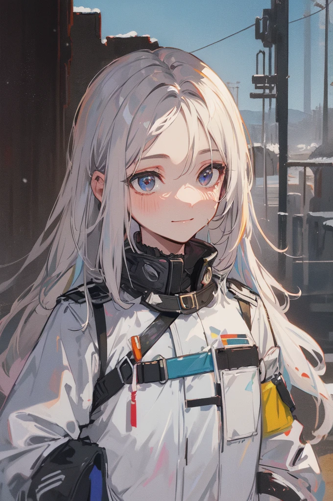 masterpiece:1.2), best quality , solo ,pixiv, anime girl ，white long straight hair , black eyes ,Wearing off-white camouflage uniform ,Ten years old，modern battlefield，(eyes looking into the distance:1.3)，(look away:1.5)，snowy weather，dirty face，There is blood on the forehead，dirty face，Backlight，Bare rocky peaks ,Very cheerful expression，

