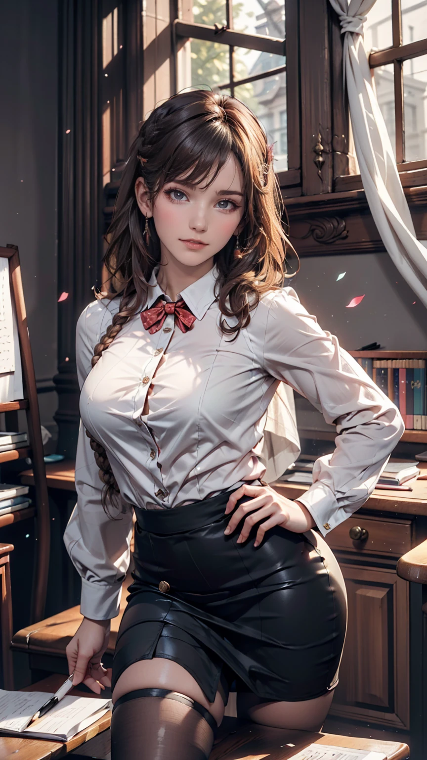 Highest quality,masterpiece, 1 girl, alone, Model shoot, wonderful, Arena, (((Portrait))),View Users, smile, blush, hairpin,(( Braiding)), hair ornaments, ((Hair Clip)), 、Frilled blouse、The buttons are about to burst from the swelling of my breasts、Pencil Skirt、Stiletto heels、Place hands on hips、Wiggle your hips