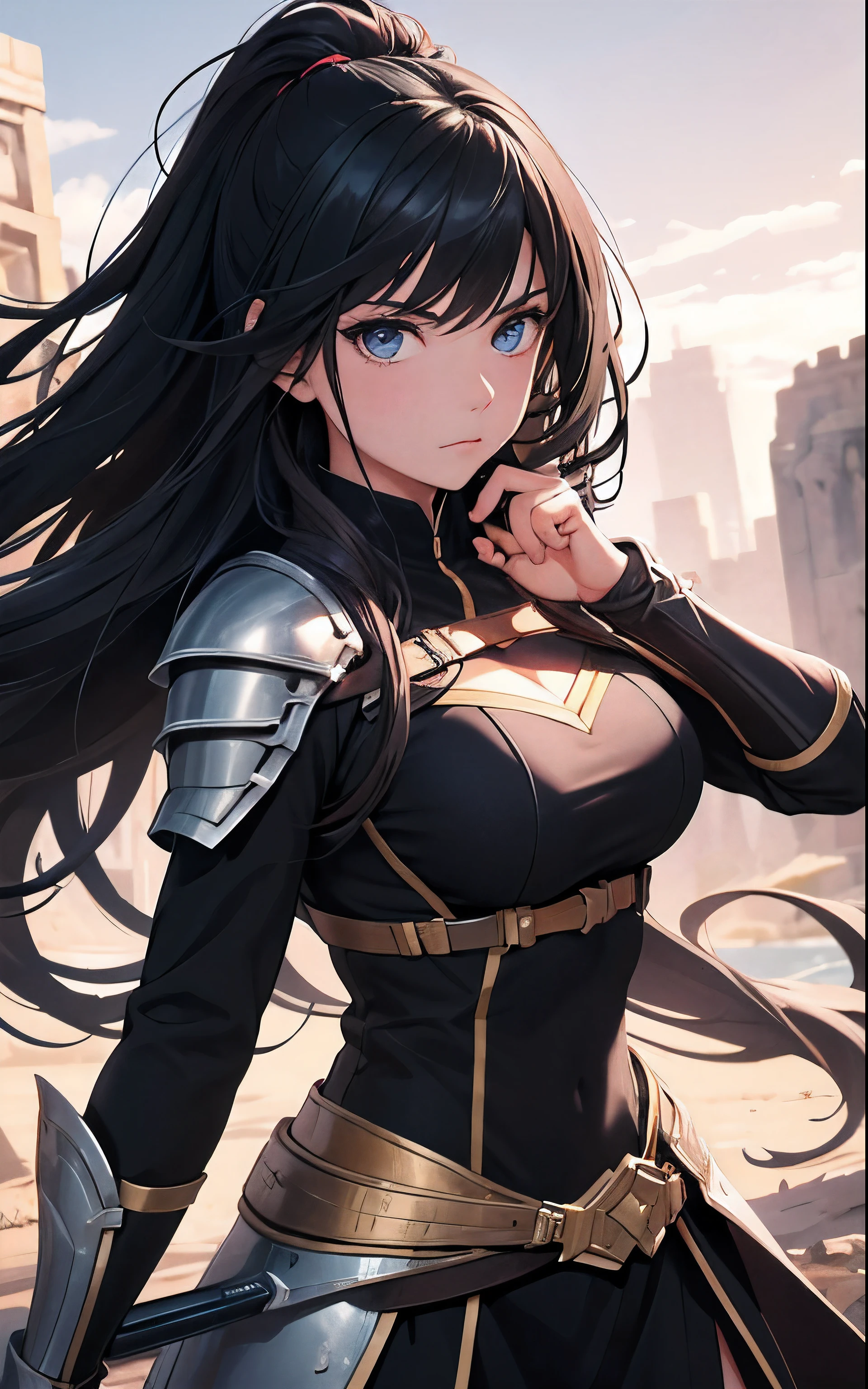 Girl warrior, girl hero, holding sword, black hair. Long black hair. Hd. 