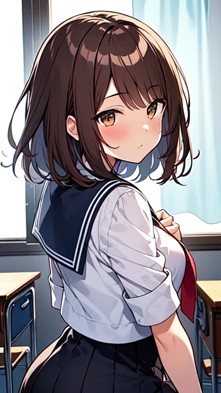 Let's think step by step,Highest quality, masterpiece, Ultra-high resolution, 8k,Show anime style ,Soft Line Art, Digital Enhancement, shojo anime touch, shojo manga core, Flowing fabric, close, Soft Drawing, Ultra-Definition Digital Anime Art, Clear facial depiction, Super detailed girl cartoon character art, Ultra-detailed manga style, Highest qualityの色,
(((１People Women))),(A woman with short brown hair),Beautiful brown hair, (((Clear brown eyes))), Slightly chubby,Small breasts,The butt is small,Sailor suit,
classroom,White curtains,Timetable on the wall。The day&#39;s duty is written on the blackboard,is sitting in a chair and studying at a desk,from side,(((Look Down))),looking down,Serious look,