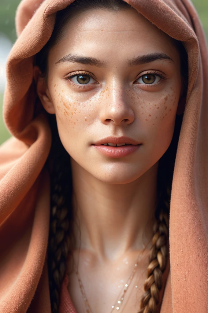 a photorealistic portrait of a stunningly beautiful woman without make-up, extremely detailed light hazel eyes, detailed symmetric realistic face, natural skin texture, extremely detailed skin with skin pores, peach fuzz, messy hair, wearing shawl over her head, masterpiece, absurdres, award winning photo by lee jeffries, nikon d850 film stock photograph, kodak portra 400 camera f1.6 lens, extremely detailed, amazing, fine detail, rich colors, hyper realistic lifelike texture, dramatic lighting, unrealengine, trending on artstation, cinestill 800 tungsten, looking at the viewer, photo realistic, RAW photo, TanvirTamim, high quality, highres, sharp focus, extremely detailed, cinematic lighting, 8k uhd, rain, raining