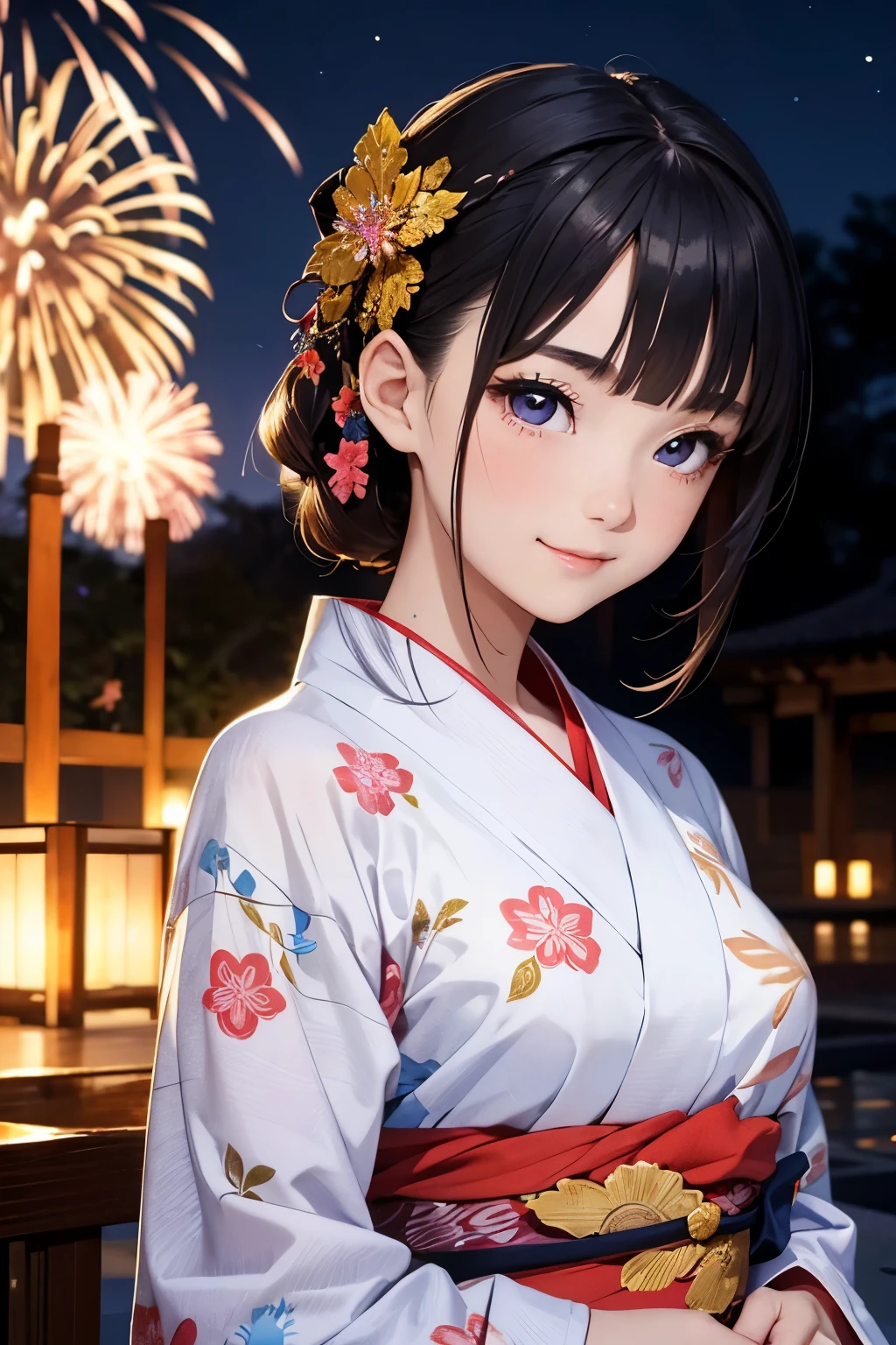 masterpiece,Highest quality,Very detailed,beautiful girl,Beautifully patterned yukata, teenager,Perfect Face,Beautiful and detailed eyes,Beautiful Skin,skinny,Dynamic,Night Sky,firework,smile