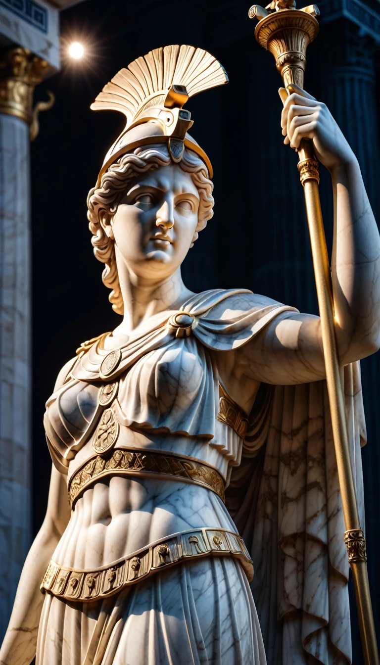 a beautiful and large marble statue of Athena, the Greek goddess of wisdom, art, and just war, protector of Athens, highly detailed and realistic, intricate and ornate, dramatic lighting and shadows highlighting the exquisite details, photorealistic, 8k, best quality, masterpiece