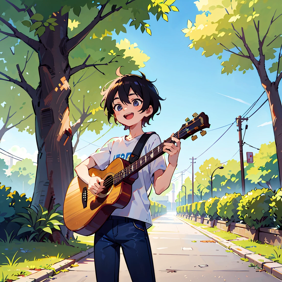 Highest quality、anime、boy、18-year-old、One person、whole body、boyish、smile、Sing a song、Short Hair、Black Hair、White T-shirt、Black jeans、White sneakers、Acoustic guitar、Facing forward、Background of rows of zelkova trees、Street Performance、Summer day