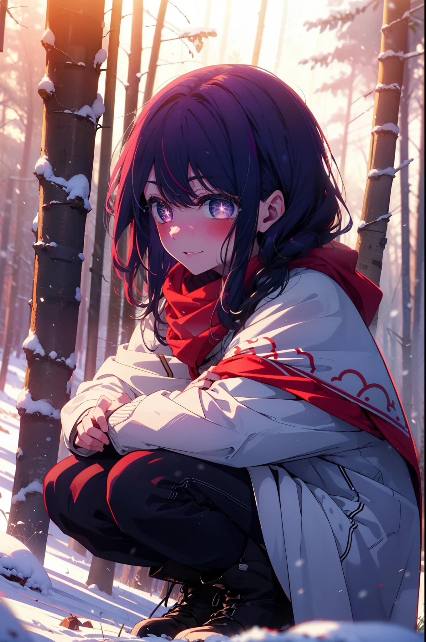 aihoshino, Ai Hoshino, Long Hair, bangs, (Purple eyes:1.1), Purple Hair, (Symbol-shaped pupil:1.5), smile,,smile,blush,white breath,
Open your mouth,snow,Ground bonfire, Outdoor, boots, snowing, From the side, wood, suitcase, Cape, Blurred, , forest, White handbag, nature, Squat, Mouth closed, Cape, winter, Written boundary depth, Black shoes, red Cape break looking at viewer, Upper Body, whole body, break Outdoor, forest, nature, break (masterpiece:1.2), Highest quality, High resolution, unity 8k wallpaper, (shape:0.8), (Beautiful and beautiful eyes:1.6), Highly detailed face, Perfect lighting, Highly detailed CG, (Perfect hands, Perfect Anatomy),