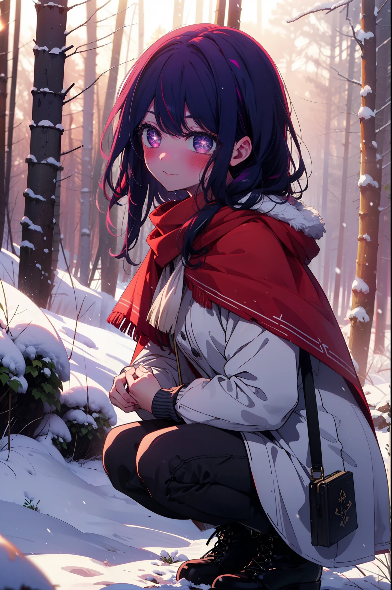 aihoshino, Ai Hoshino, Long Hair, bangs, (Purple eyes:1.1), Purple Hair, (Symbol-shaped pupil:1.5), smile,,smile,blush,white breath,
Open your mouth,snow,Ground bonfire, Outdoor, boots, snowing, From the side, wood, suitcase, Cape, Blurred, , forest, White handbag, nature, Squat, Mouth closed, Cape, winter, Written boundary depth, Black shoes, red Cape break looking at viewer, Upper Body, whole body, break Outdoor, forest, nature, break (masterpiece:1.2), Highest quality, High resolution, unity 8k wallpaper, (shape:0.8), (Beautiful and beautiful eyes:1.6), Highly detailed face, Perfect lighting, Highly detailed CG, (Perfect hands, Perfect Anatomy),