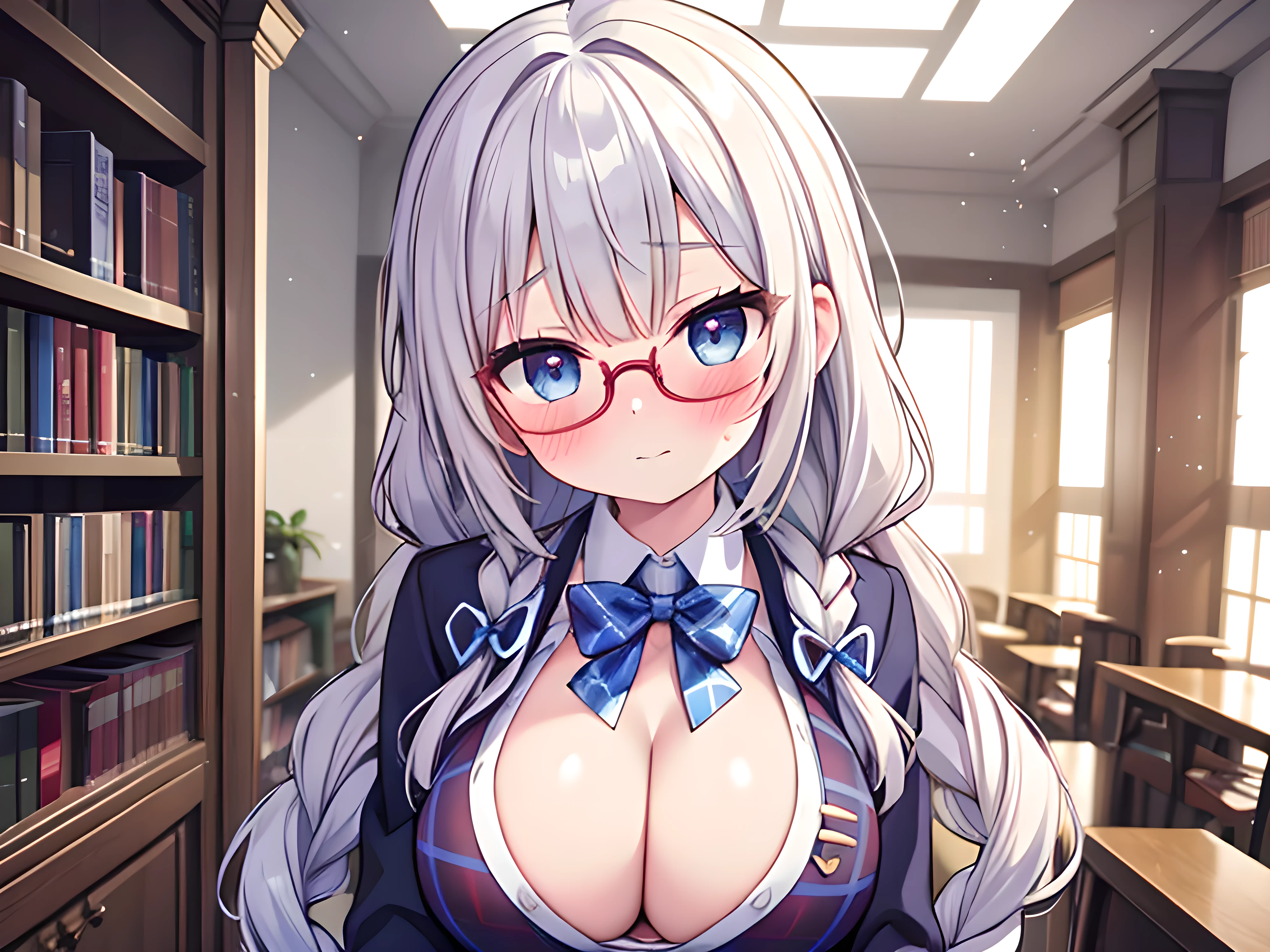 score_9, score_8_up, score_7_up, score_6_up, source_anime, uncensored, nsfw,
masterpiece, best quality, high quality, highres, ultra detailed, incredibly absurdres,
perfect composition, cinematic shading, perfect anatomy,
shiny eyes, shiny hair, detailed face, cute face
BREAK
1girl, skinny, standing, (portrait:1.2), (semi-rimless eyewear:1.1), (embarrassed:1.1), (blush:1.3), arms at sides,
single braid, voluminous hair, looking at viewer, (looking down:1.2), (from above:0.7),
, long sleeves, dark blue blazer, red plaid skirt,
large breasts, (cleavage:1.2), half-open clothes, breasts out, beautiful nipples
BREAK
beautiful detailed skin, detailed clothes,
(light smile:0.9), tareme, head tilt,
indoors, school library, lens flare, bokeh, light particles