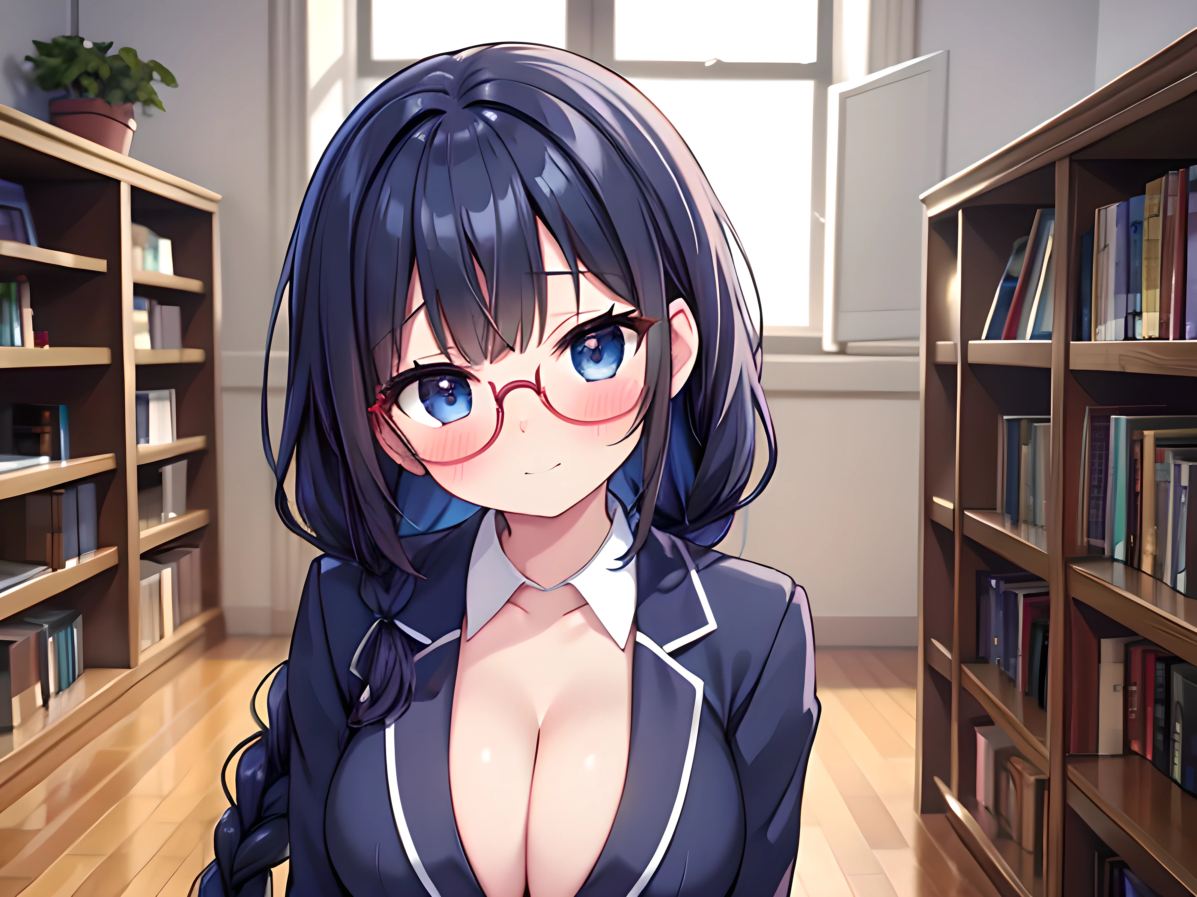 score_9, score_8_up, score_7_up, score_6_up, source_anime, uncensored, nsfw,
masterpiece, best quality, high quality, highres, ultra detailed, incredibly absurdres,
perfect composition, cinematic shading, perfect anatomy,
shiny eyes, shiny hair, detailed face, cute face
BREAK
1girl, skinny, standing, (portrait:1.2), (semi-rimless eyewear:1.1), (embarrassed:1.1), (blush:1.3), arms at sides,
single braid, voluminous hair, looking at viewer, (looking down:1.2), (from above:0.7),
, long sleeves, dark blue blazer, red plaid skirt,
large breasts, (cleavage:1.2), half-open clothes, breasts out, beautiful nipples
BREAK
beautiful detailed skin, detailed clothes,
(light smile:0.9), tareme, head tilt,
indoors, school library, lens flare, bokeh, light particles