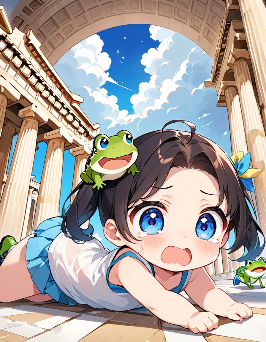 Highest quality、High resolution、Detailed Background、Beautiful face in every detail、Anatomically correct、Detailed facial expressions、fine grain、((full body, from below, side view)), ((One Girl:1.5))、((Chibi Girl:1.2))、Cute hair color、Big beautiful blue eyes、Fuller lips、Pink Lips、Braided twin tails、Ahoge、(Museum visitors:1.2)、(Cute Tank Top、Ｖneck、mini skirt、Cute Shoes)、break　((Lying on the floor:1.3)、(Prone:1.2))、((Very surprised expression:1.2、Crying face、Open your mouth a little:1.2、Big tears:1.2))、Frog、break　((The background is the Parthenon)、Many tourists are visiting）