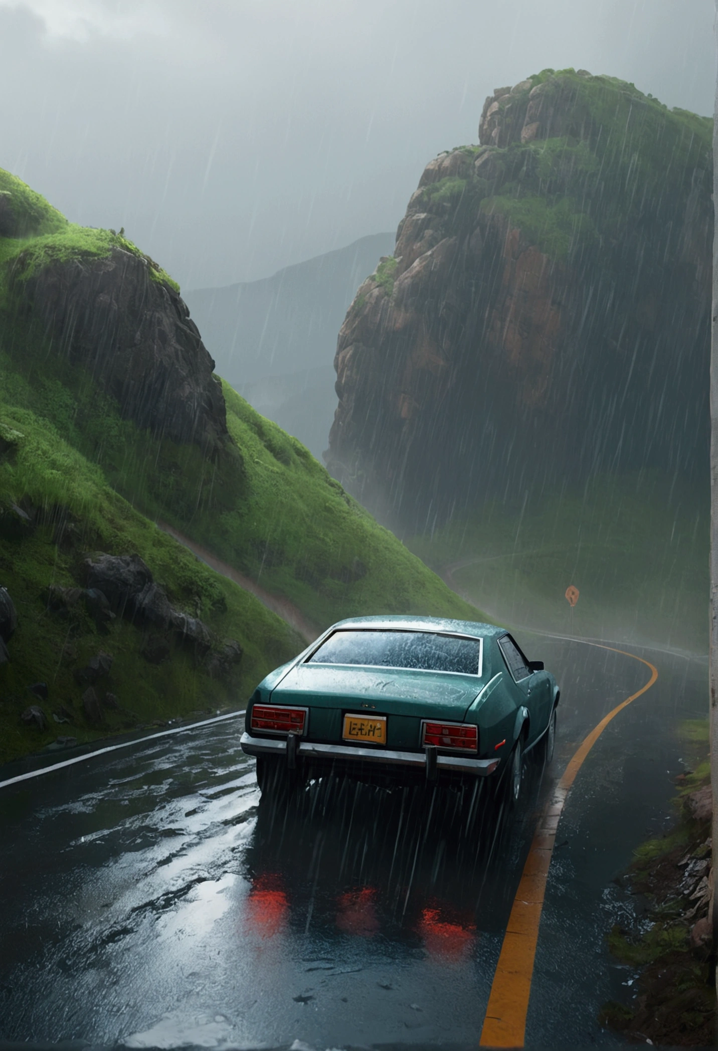there is a car that is driving down a hill in the rain, concept art by jessica rossier, unsplash contest winner, conceptual art, best on adobe stock, cinematic 4 k wallpaper, cinematic 4k wallpaper, hq 4k wallpaper, rainy day. game render, ((octane render)), hyperealistic octane render, in the art style of filip hodas