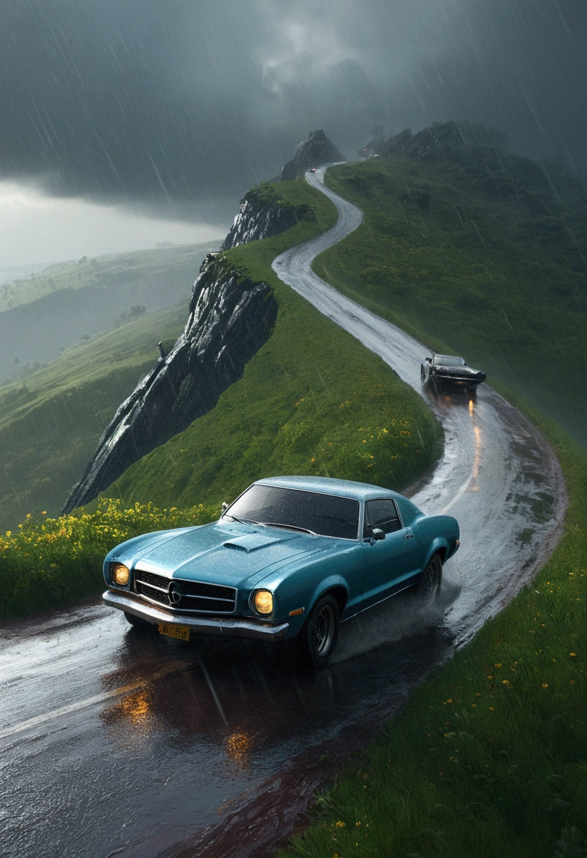 there is a car that is driving down a hill in the rain, concept art by jessica rossier, unsplash contest winner, conceptual art, best on adobe stock, cinematic 4 k wallpaper, cinematic 4k wallpaper, hq 4k wallpaper, rainy day. game render, ((octane render)), hyperealistic octane render, in the art style of filip hodas