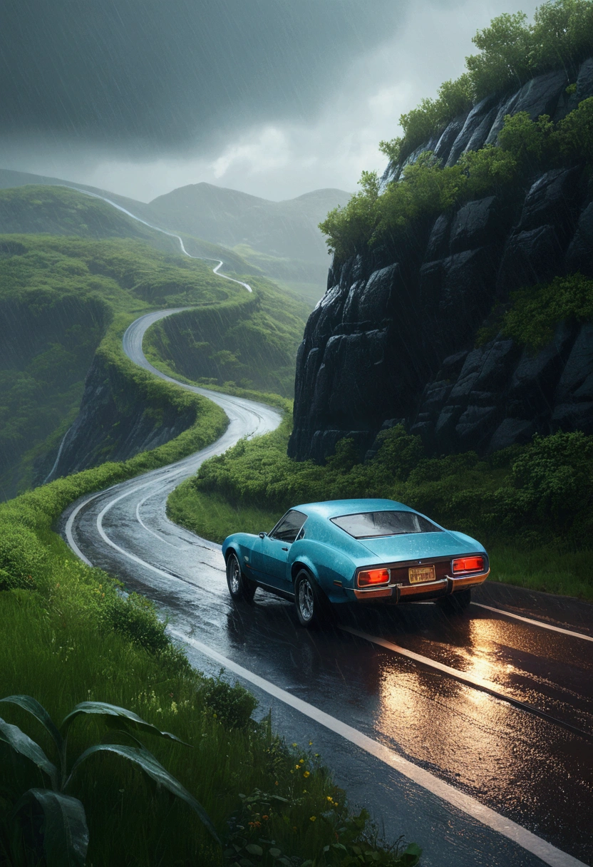 there is a car that is driving down a hill in the rain, concept art by jessica rossier, unsplash contest winner, conceptual art, best on adobe stock, cinematic 4 k wallpaper, cinematic 4k wallpaper, hq 4k wallpaper, rainy day. game render, ((octane render)), hyperealistic octane render, in the art style of filip hodas