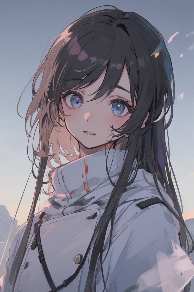 masterpiece:1.2), best quality , solo ,pixiv, anime girl ，white long straight hair , black eyes ,Wearing off-white camouflage uniform ,Ten years old，Snow，battlefield，(eyes looking into the distance:1.3)，(look away:1.5)，snowy weather，dirty face，There is blood on the forehead，dirty face，Backlight，Bare rocky peaks ,Very cheerful expression，