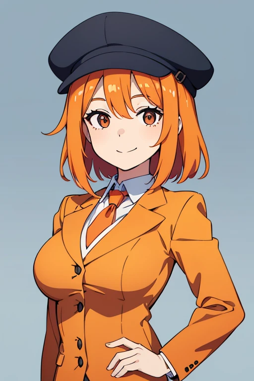 Illustration of a woman in her 20s、Her hair is orange。He wears a teacher-style suit、Wearing a doctoral hat。A 5-body mini character、With a smile、breast enhancement、Simple illustration。Pastel tones。
