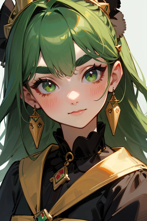 (Highest quality, masterpiece:1.2), High resolution, Very detailed, Realistic:1.37, Fantasy, An illustration, Green Eyes、Queen, Red and green swimsuit、Platinum decoration、beautifully、Eyeshadow Red、Thick eyebrows、Long eyelashes、pupils are black、Her hair is dark green、Gold crown、Kissing Face、Embarrassing、Beloved by the crowd、Hair is green、Braiding、hair ornaments、Laugh gently、From the waist up、((Gothic Lolita)).