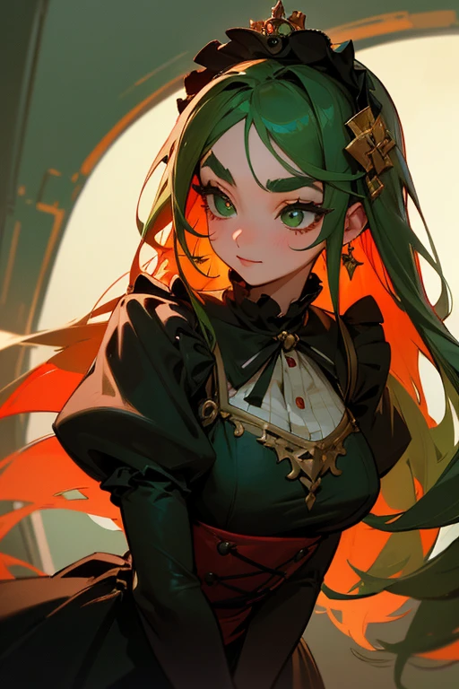 (Highest quality, masterpiece:1.2), High resolution, Very detailed, Realistic:1.37, Fantasy, An illustration, Green Eyes、Queen, Red and green swimsuit、Platinum decoration、beautifully、Eyeshadow Red、Thick eyebrows、Long eyelashes、pupils are black、Her hair is dark green、Gold crown、Kissing Face、Embarrassing、Beloved by the crowd、Hair is green、Braiding、hair ornaments、Laugh gently、From the waist up、((Gothic Lolita)).