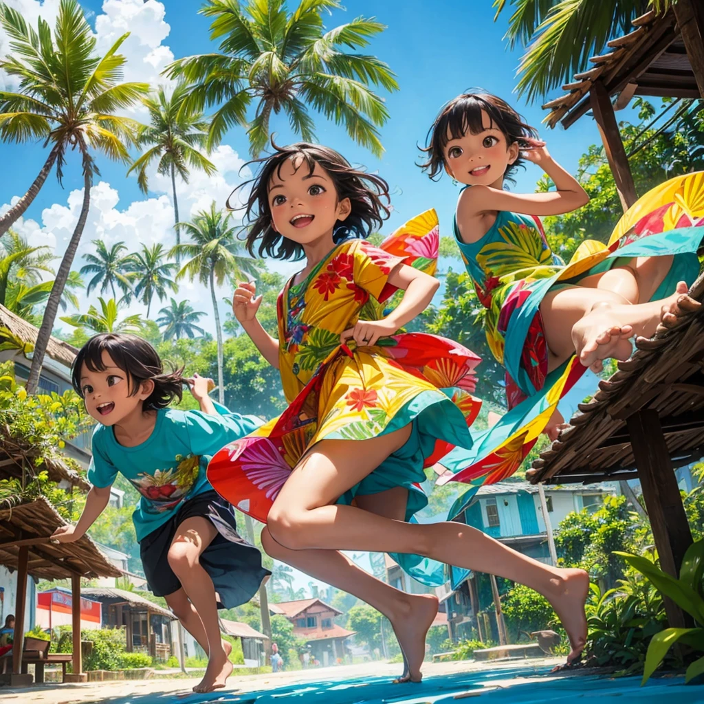 tropical village, children playing, happy children, vibrant colors, lush foliage, palm trees, wooden houses, warm sunlight, playful expressions, barefoot, colorful clothing, natural setting, carefree atmosphere, detailed faces, active poses, dynamic composition, high quality, intricate details, photorealistic, 8k, masterpiece