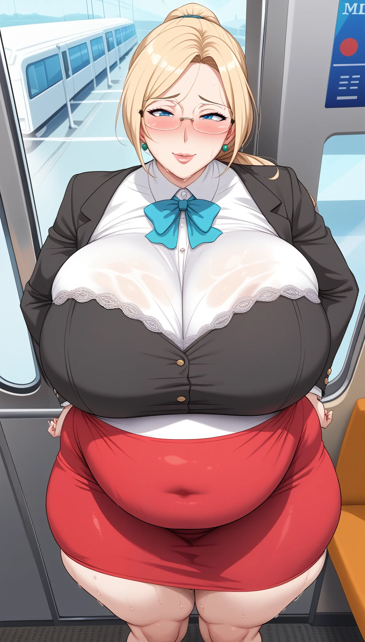 (POV from above), (1 character), (exaggerated proportions), (hentai), (voluptuous body ), (pretty face), sweaty milf adult woman, blonde hair with low and slightly disheveled ponytail, wears glasses, wears a dress up the knee with long lace sleeves fitted at the waist and with a moderate V neckline, chubby, tight underwared, blushing and nervous expression, mature milf face, huge breasts, huge thighs, huge butt, huge belly, voluptuous body, good proportions, she is standing on a train and a man touches her butt from behind