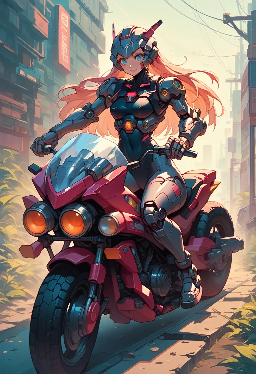 anime girl riding a motorcycle with a helmet on, mechanized valkyrie girl, perfect Anime Cyborg woman, cyborg - girl, completely robot!! girl, Anime Manga Robot!! anime girl, Anime Cyborg, cyborg girl, cyberpunk anime girl mech, beutiful girl cyborg, Inspired by Masamune Shirow, Sitting on a cyberpunk bike, Riding a futuristic bike, cute cyborg girl