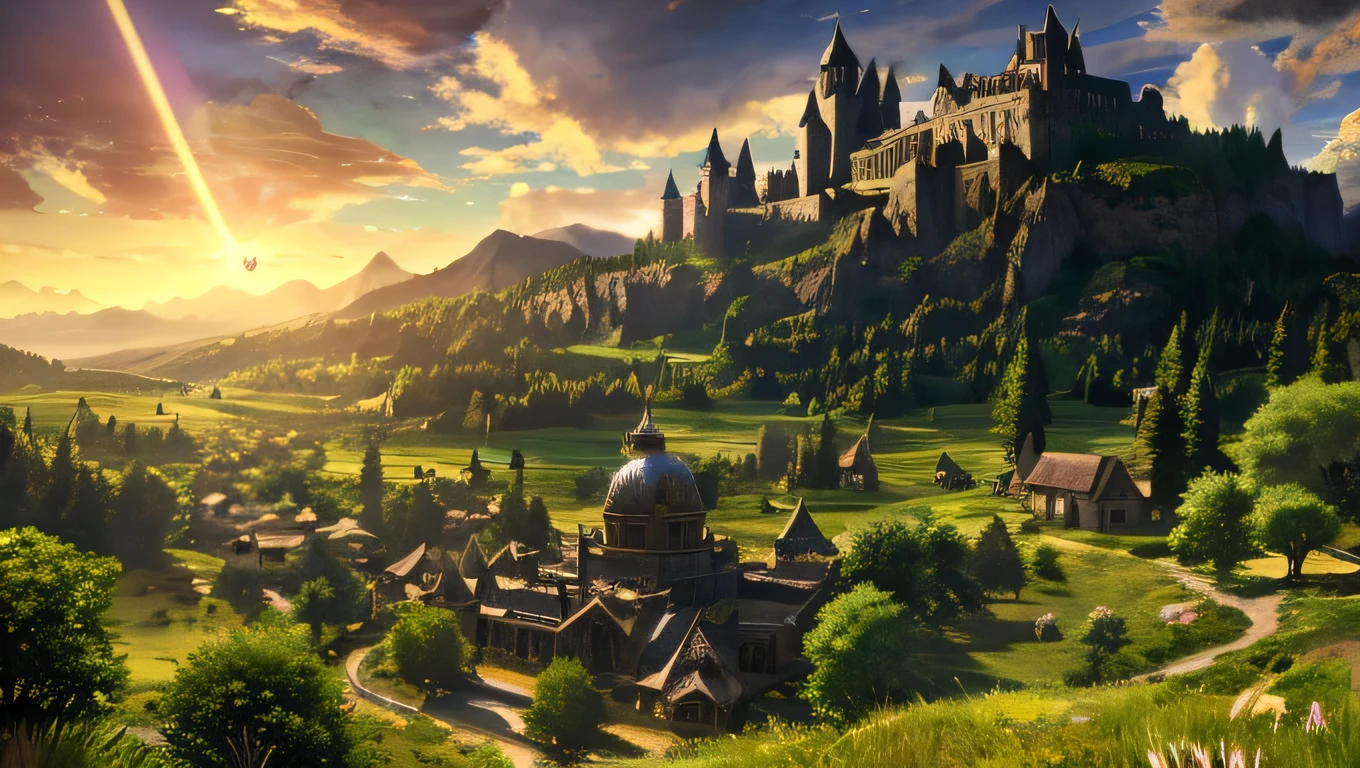 Detailed fantasy RPG landscapes, Lush pastures, Gentle hills, Dense forest, Distant Castle, Sunshine shining in, Cinema Lighting, Intricate details, Incredible 4K resolution, Surreal, Very detailed, masterpiece、night