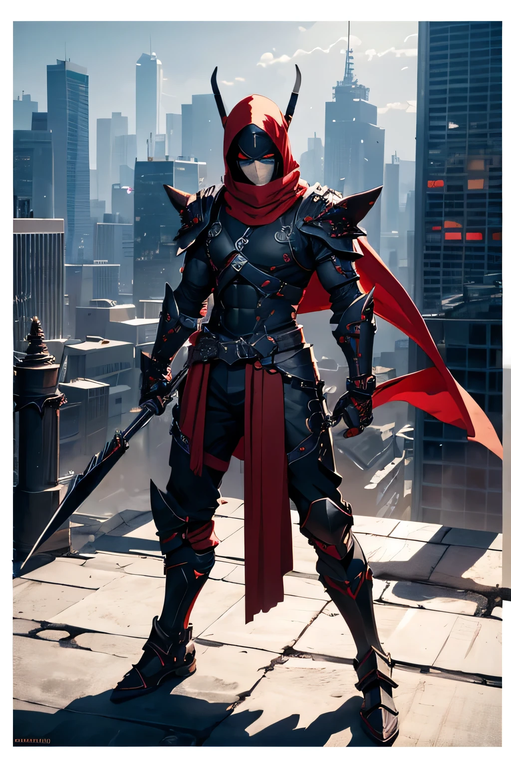 ninja, mechanical, heavy metal, armor, darkness, wielding chained sickle, spikes, long red scarf, standing on top of a skyscraper, best quality, high resolution, 8k, dynamic lighting, rough texture, shadowing