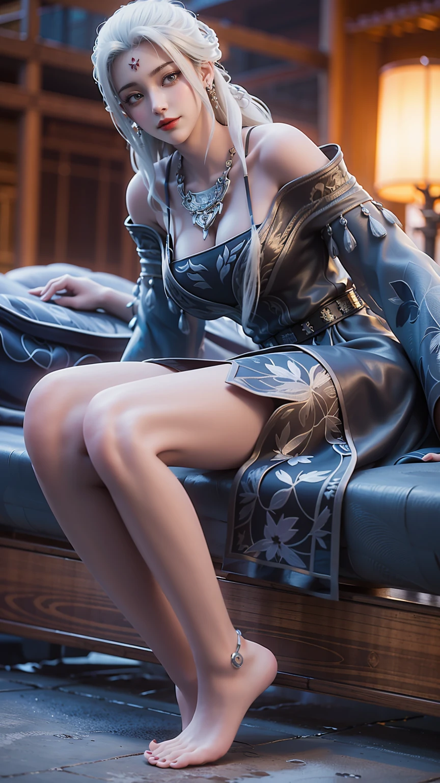 A beautiful young woman, 16 years old, lying on a bed, facing up, legs slightly raised, detailed, photorealistic, masterpiece, 4k, 8k, high resolution, full body, laying on bed, long legs, large breasts, shoulders exposed, chin-length hair, lying on a large bed, head resting on pillow, relaxed pose, high-quality, realistic, cinematic lighting