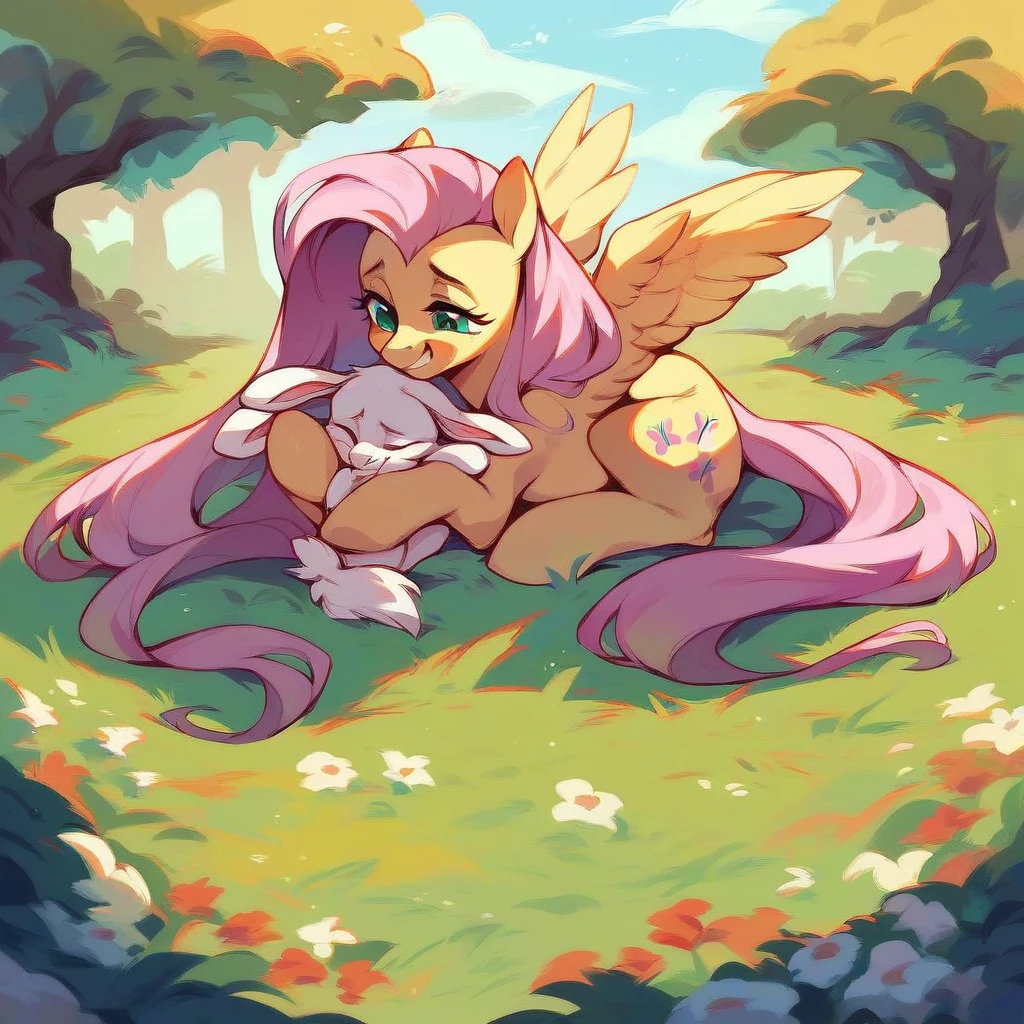 Pegasus Pony Fluttershy, sitting on the lawn in the backyard, hugging your little bunny Angel with a smile and sweet look