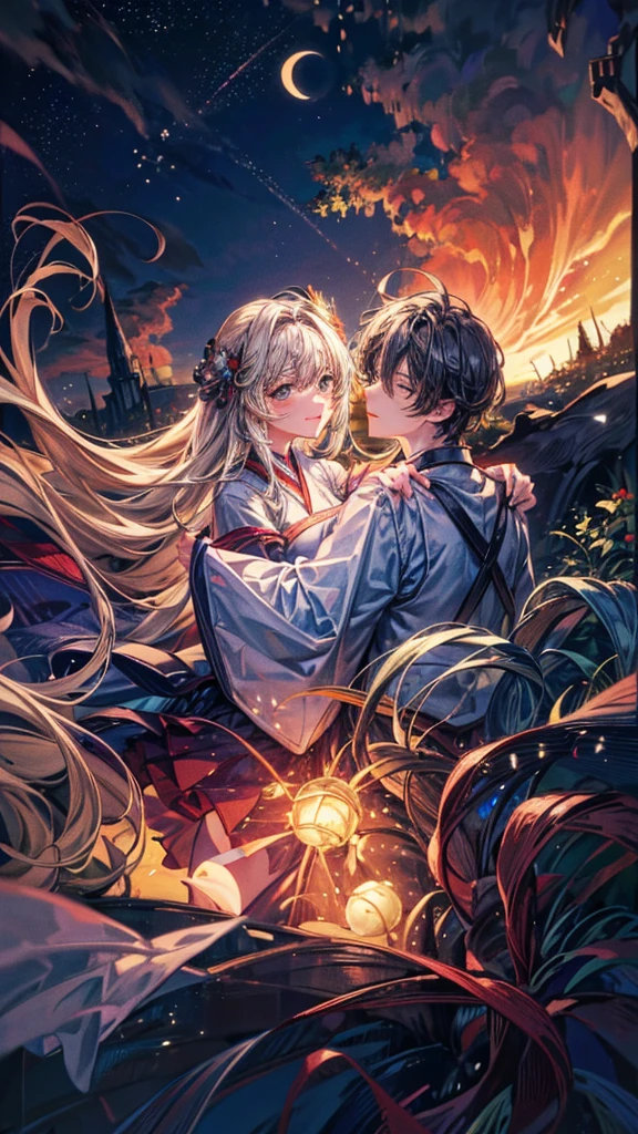 Masterpiece, best quality, (very detailed CG unified 8k wallpaper) (best quality), (best illustration), (best shade) nature harvest wheat, super meticulous , cute couple looking the moon up , in the field near river , nebula on the above clouds in the above, star twinkling, comits are falling , japanese anime