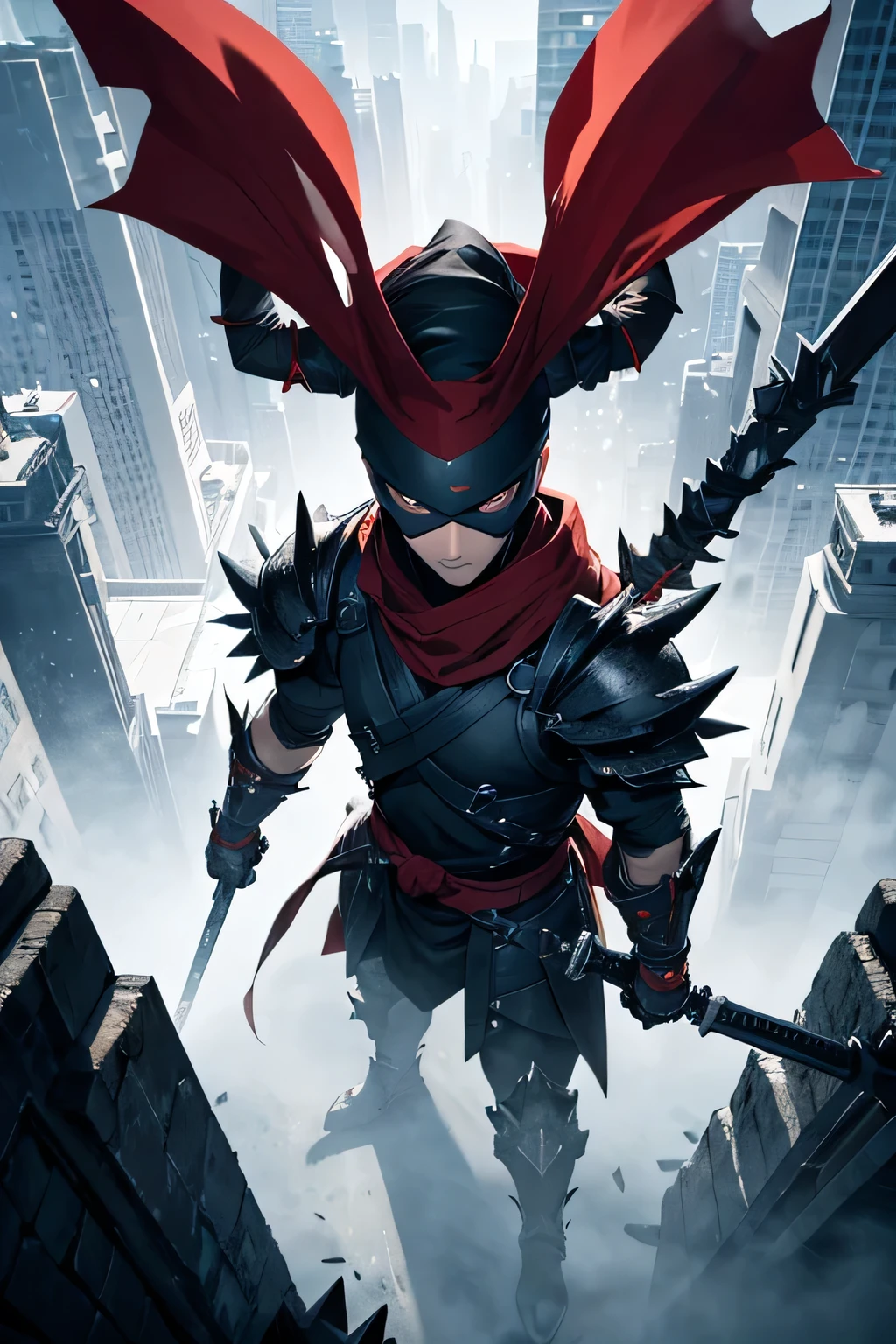 ninja, mechanical, heavy metal, armor, darkness, wielding chained sickle, spikes, long red scarf, standing on top of a skyscraper, best quality, high resolution, 8k, dynamic lighting, rough texture, shadowing 