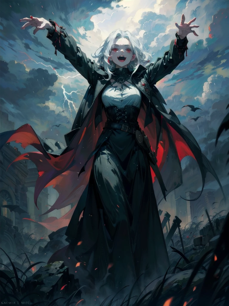 (masterpiece, best quality, detailed), 1girl, solo, looking at viewer, (W3Ciri), white hair, green eyes, scar on face, vamptech, blood, vampiric, red eyes, fangs, vampire costume, black cape, pale skin, dress, jewelry, outdoors, lightning, rain, cloudy sky, wet, storm, wind, spread arms, outstretched arms, smile, open mouth, teeth, evil smile, v-shaped eyebrows