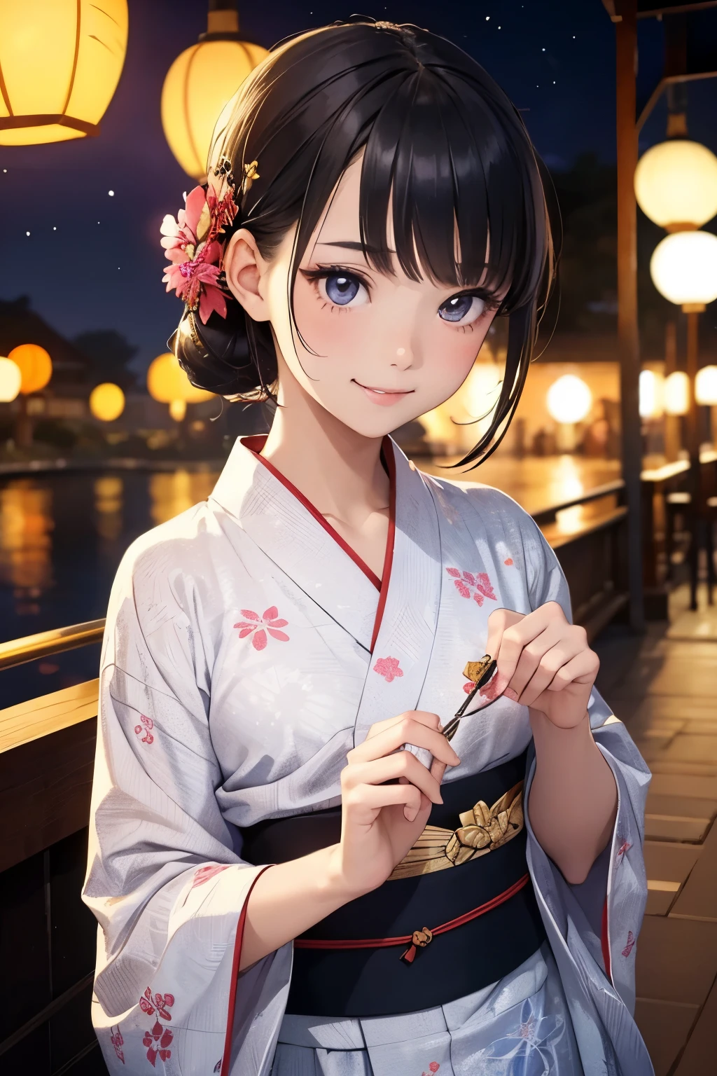 masterpiece,Highest quality,Very detailed,beautiful girl,Beautifully patterned yukata, teenager,Perfect Face,Beautiful and detailed eyes,Beautiful Skin,skinny,Dynamic,Night Sky,firework,smile