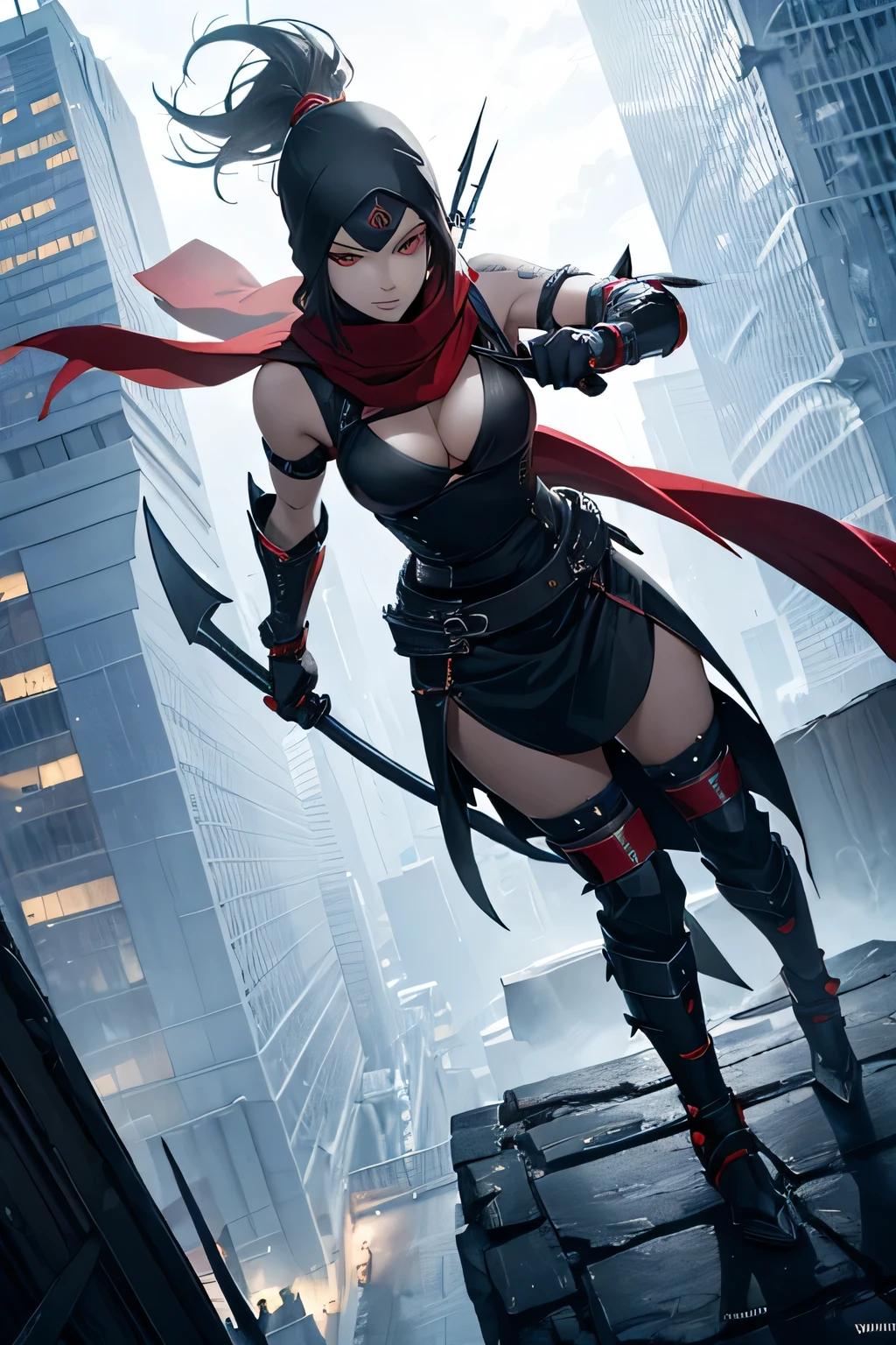 ninja, female, mechanical, heavy metal, armor, darkness, wielding chained sickle, spikes, long red scarf, standing on top of a skyscraper, best quality, high resolution, 8k, dynamic lighting, rough texture, shadowing 