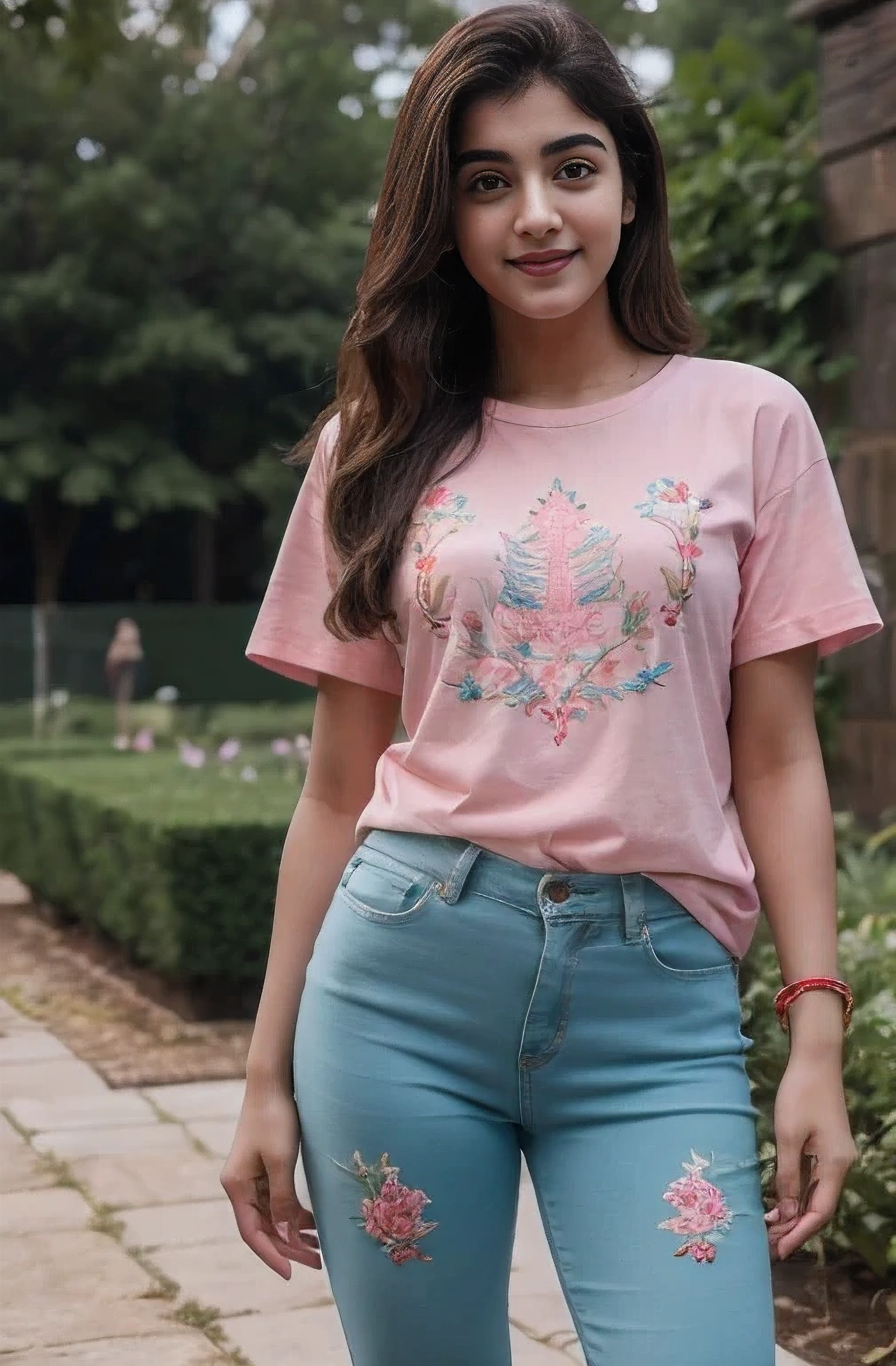 21 yo women Ananya Pandey wearing embroidery printed Pink t shirt green jeggings body fit clothes garden full body hand fix with hair pose sweet smile perfect anatomy realistic realism ultra detailed eye ultra detailed face 8k, more realistic, full body image, outdoors photo, black shoos.