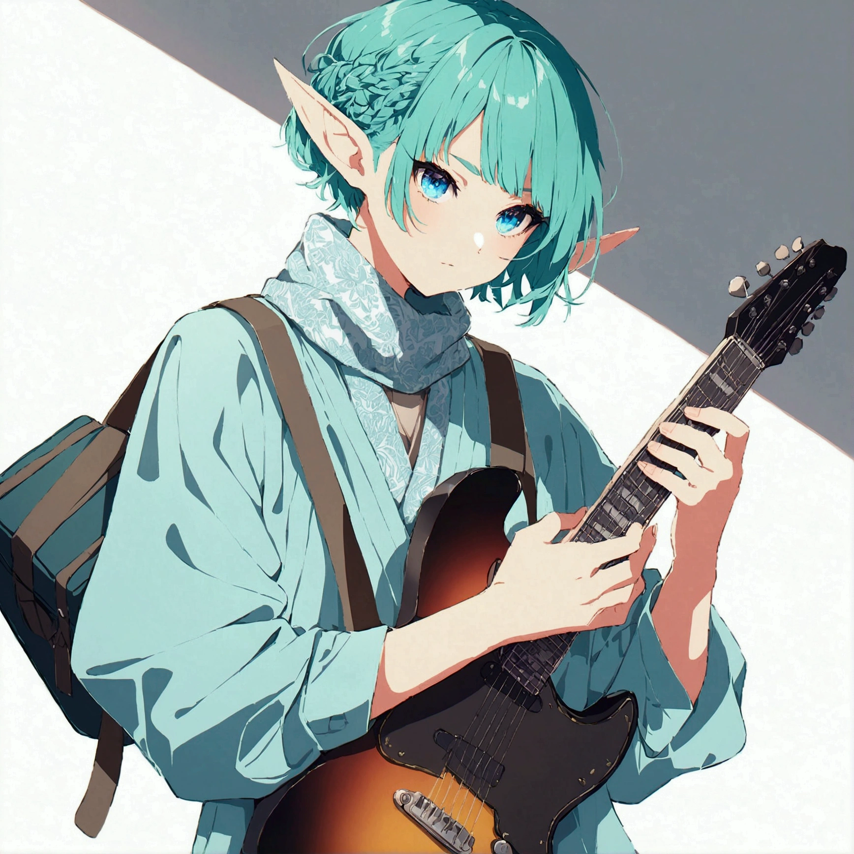 An elf with blue eyes, White and turquoise hair. Traveler's clothing. He is holding a black electric guitar in his hands..